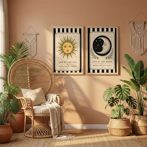 Image of NoWorries Sun & Moon Wall Art Set of 2, Celestial Boho Decor, Vintage Tarot Inspired Prints, Spiritual Wall Decor for Bedroom, Living Room & Meditation Space (Art-15, 13x19inch)