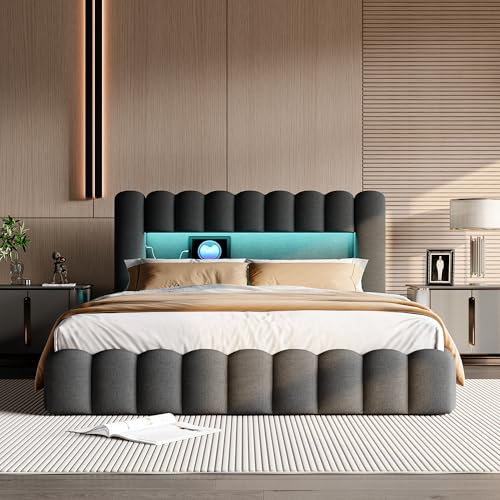 FUCMKON Cama de 140 x 200 cm con espacio de almacenamiento, cama de burbujas con USB y LED, tapizada con somier, cama de matrimonio con somier, cama de almacenamiento hidráulico, lino, sin colchón