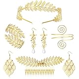 SAILIMUE 6Pcs Greek Goddess Costume Accessories Set Women Golden Laurel Leaves Crown Tiara Leaf Headband Armband Coil Bracelet Pearl Leaf Dangle Earring Bridal Hair Comb Wedding Headpiece Toga Costume Party