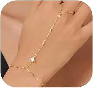 Gold Bracelets for Women 14K Gold Plated Hand Chain Bracelet Dainty Trendy Ring Chain Bracelet Charm Link Adjustable Cubic Zirconia Hand Bracelets Jewelry Gifts for Women