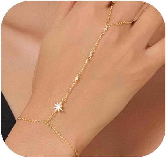 Gold Bracelets for Women 14K Gold Plated Hand Chain Bracelet Dainty Trendy Ring Chain Bracelet Charm Link Adjustable Cubic Zirconia Hand Bracelets Jewelry Gifts for Women