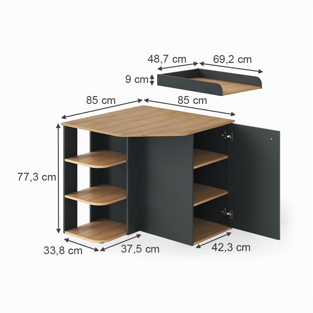 Vicco Cómoda Cambiador Kristian, Antracita/Artisan, 85 x 77.3 cm con 3 Compartimentos Cerrados, para Usar como Cambiador y Espacio de Almacenamiento