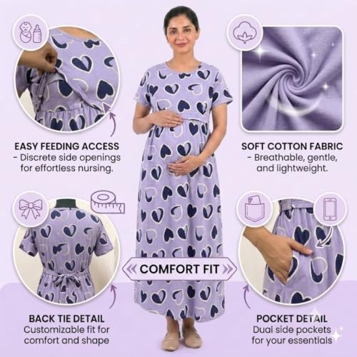 Image of Zero Clothing Feeding Dress for New Moms Casual Loungewear Ankle Length | Cotton Maternity Nighty | Zipless Feeding Dresses for Women | Pregnancy & Nursing Wear