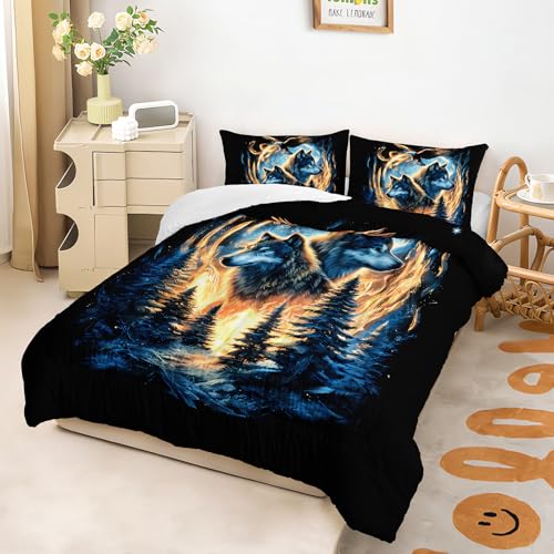Image of Moon Wolf Comforter Set Full for Teen Boys Girls,Howling Wolves Comforter Forest Eagle Bed Set,Wild Animals Bedding Set for Kids Bedroom Decor,All Seasons