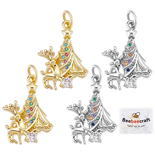 Beebeecraft 8Pcs 2 Colors Christmas Tree Charms Christmas Reindeer Cubic Zirconia Charm Pendants for DIY Necklace Earrings Jewellery Making