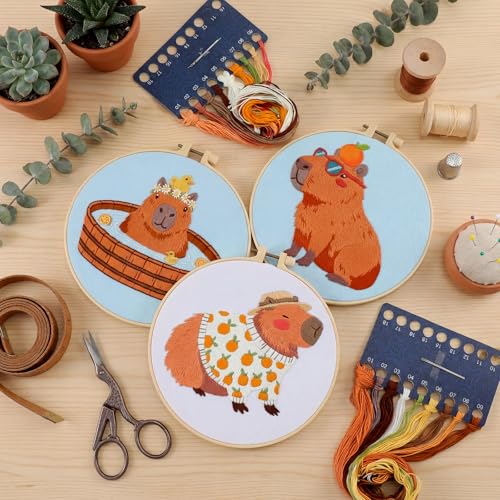 Image of Mindsoft 3 Set Needlepoint Kit for Beginners with Hoop,Capybara | Bamboo Hoop Thread Needles Instructions, Easy Hand Embroidery for Beginners Home Crafts,Pre-stamped Funny Cute Designs