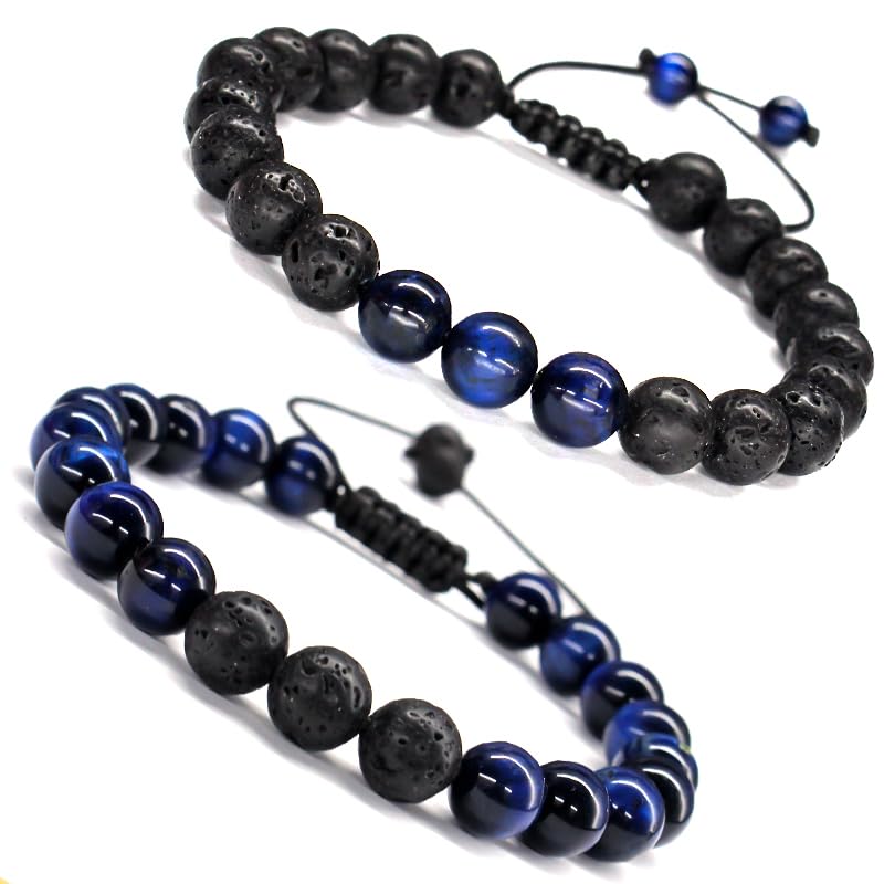 SOOWOOT2PCS Beads Bracelet for Men Women Matte Lava Rock Volcanic Stone, blue tiger eye adjustable Bracelet Stress Relief Natural Stone Anxiety Bracelet, 8mm