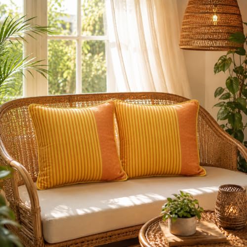 Image of RANGBHAR Handloom 100% Cotton Cushion Cover Set of 2 | Cushion with All-Around Piping for Premium Finish | 16x16 Inches Hand Woven Striped Cushion Covers - Orange Yellow