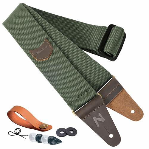 Nefelibata Gitarrengurt mit Plektrum-Tasche, Kopf Rindsleder Enden Gitarrengurte für Bass, Elektro-und Akustik-Gitarre, kommen mit kostenlosen Gurt-Taste, 1 Paar Gurtschlösser und 4 Gitarrenplektren