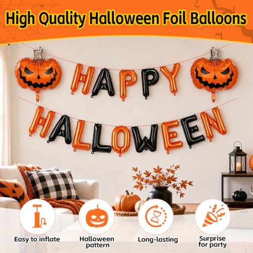 Image of Happy Halloween Balloons, Halloween Decorations Balloons, 14 PCS 16 inch Orange and Black Happy Halloween Letter Balloon with 2 PCS 24 inch Pumpkin Shaped Foil Balloon for Halloween Party Decorations Supplies