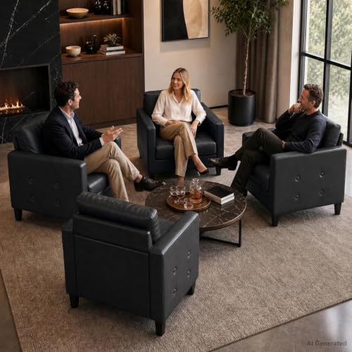Image of Black Accent Chairs Set of 2, Faux Leather Living Room Chair | STHOUYN, Mid-Century Modern, Tufted Armrest and Seat, Cozy, Office, Reading, Waiting Room, Bedroom