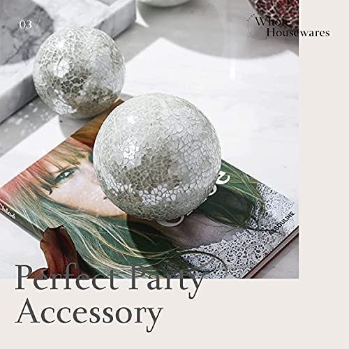 Whole Housewares | Decorative Balls | Set Of 3 Glass Mosaic Orbs For Bowls | 4" Diameter | Table Centerpiece | Coffee Table And House Decor (White) #TOP2
