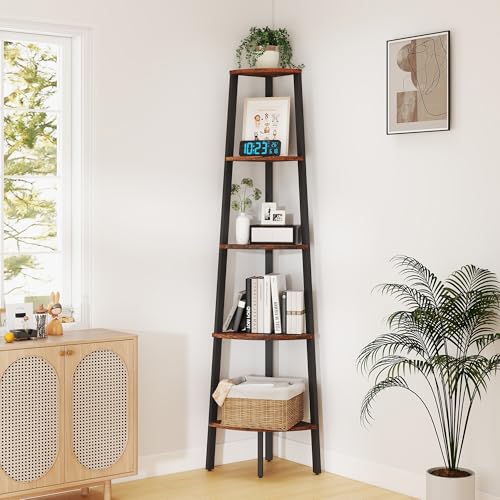 Skandiquip Corner Shelf, 5 Tier Ladder Corner Bookshelf, Display and Bookshelf Stand Unit, Anti Tip Feature, Space Saving, Ideal for Plants, Books, Living Room, Bedroom, Rustic Brown