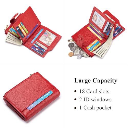 Image of Genuine Leather Wallets for Women RFID Blocking Bifold with Zipper Pocket, 2 ID Windows, 18 Card Slots, Red