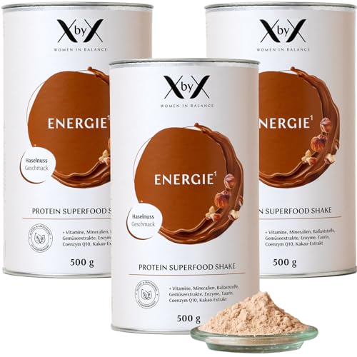 XbyX Energie 3er Set Haselnuss 1500 g | 48 Portionen | Veganes Superfood Proteinpulver für Shake oder Smoothie | Eiweißpulver mit essentiellen Aminosäuren & wertvollen Vitaminen | Aus Deutschland