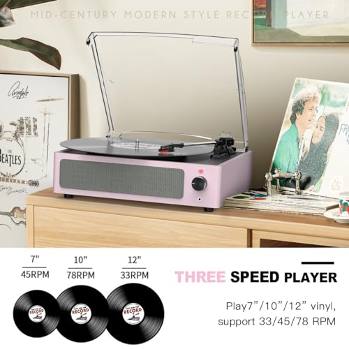 Image of Record Players for Vinyls Turntable with Speakers Belt-Driven Turn Tables LP Phonograph Support 3-Speed Full Size Bluetooth Wireless Playback Headphone AUX RCA Line New Sleek Pale Light Pink