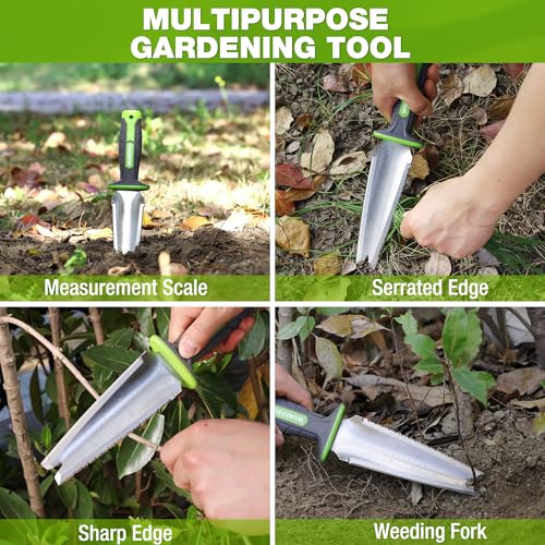 WORKPRO Tuintroffel met V-inkeping punt, 30 cm Hori Hori tuinmes met ophanggat, dubbelsnijdend blad, multifunctioneel onkruidtrekgereedschap met Oxford schede voor wieden, graven, wortelsnijden - Afbeelding 6