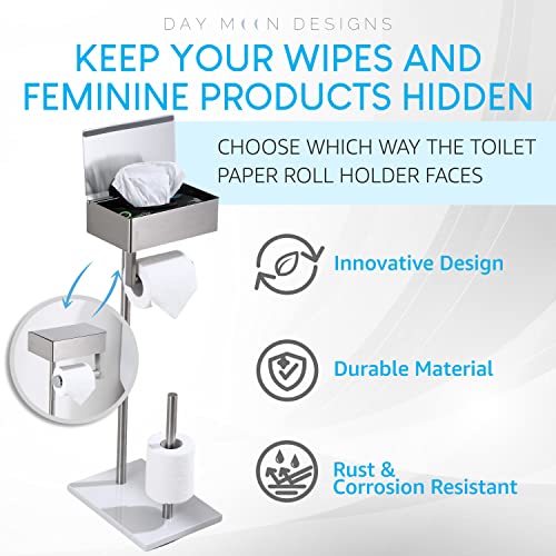 Day Moon Designs Free Standing Toilet Paper Holder Stand With Shelf, Toilet Tissue & Flushable Wipes Dispenser & Storage For Bathroom, Stainless Steel, Marble Base Bathroom Organizer - Brushed Nickel #TOP3