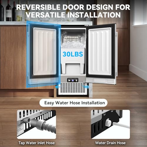 Image of SOZT Under Counter Ice Maker, 120LBS /24H Commercial Ice Machine | Self-Cleaning & 24H Timer, 30LBS Storage - Reversible Door, Built-in /Freestanding Design for Home Bar Cafe Restaurant