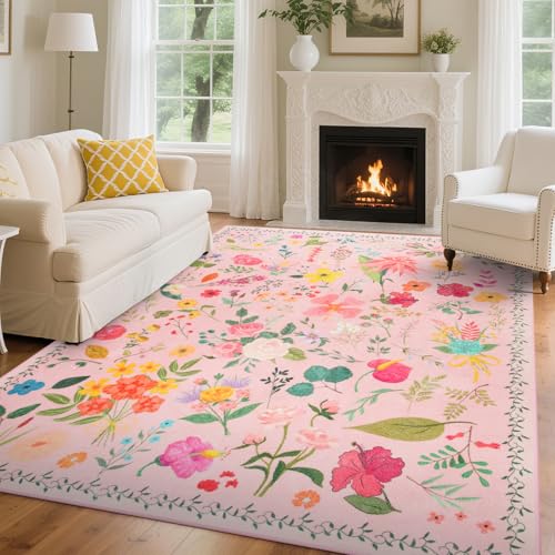 Tapete rectangular rosa 6 x 9 pies con diseño floral miniatura 1