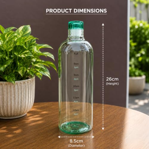 Image of Borosilicate Water Bottles, H2O Fridge Water Bottle with Cap, Leak proof & Airtight Lid, Water Bottle for Office, School, College - 1000ml Bottles with Time Marker (Green)