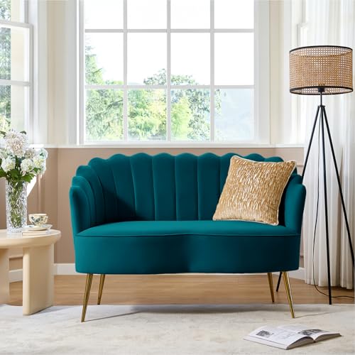 Image of HULALA HOME Modern Velvet Loveseat Sofa with Flower Shaped Back, Comfy Upholstered 2-Seater Sofa with Gold Metal Legs, Small Love Seat Accent Couch for Living Bedroom Leisure Areas, Teal