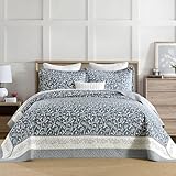 DDUOXIN Lightweight King Bedspread 120'x120' - 100% Cotton Reversible Oversized King Quilt with 2 Pillow Shams, Farmhouse Vine Botanical Bedspreads Coverlet Set, Slate Blue/Off White, 3 Piece