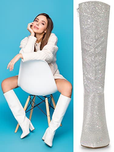 Allegra K Allegra K Women's Pointy Toe Sparkle Glitter Stiletto Heel Silver Knee High Boots 10 M US