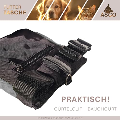 ASCO Leckerlitasche für Hunde - Leckerlibeutel mit Einhand-Schnappverschluss - Futterbeutel Hunde 20 x 20 cm - Hundetraining Bauchtasche mit viel Platz, Bauchgurt und waschbarer Innentasche, schwarz