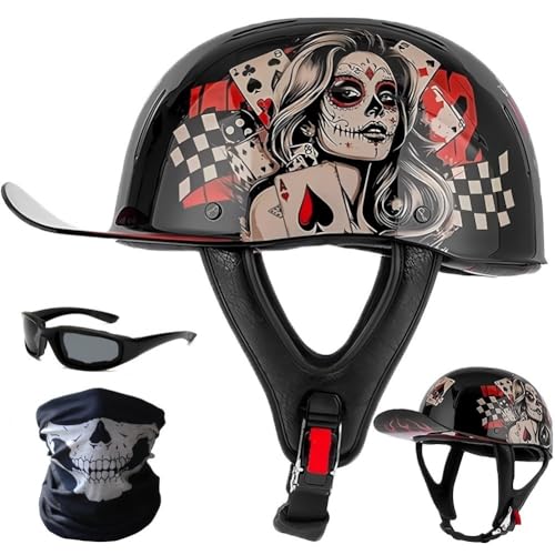 SYEBVTQ Vintage Motorrad Baseball Cap Halbhelm Halbschalenhelm ECE Zulassung Retro Jethelme Motorradhelm Für Herren Chopper Helm Mit Gläser Für Fahrrad Cruiser Scooter Frauen Mofa Helm