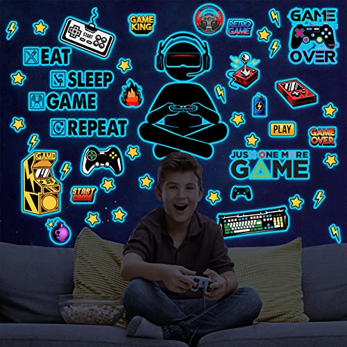 Blue Game Luminous Sticker Wall Stickers Luminous Game Wall Decals For Boys Room Video Game Controller Wall Stickers Game Zone Eat Sleep Game Wall Decals For Kids Girls Teens Bedroom Playroom Decor #TOP6