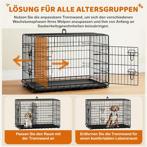 Yaheetech Hundekäfig 90 x 56 x 63 cm klappbar mit Trennwand, 2 Türen, Hundebox für zuhause mit ausziehbare Bodenschale, Transportkäfig Auto, Hundetransportbox Drahtkäfig für Hunde Welpe, L, Schwarz