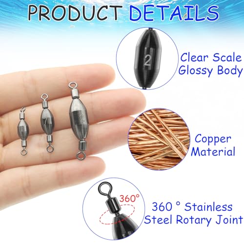 15Pcs Fishing Weights Swivel Bullet Sinkers Brass Fishing Weights Saltwater Freshwater Bass Sinker Fishing Weights with Swivel Rolling (1/4oz)