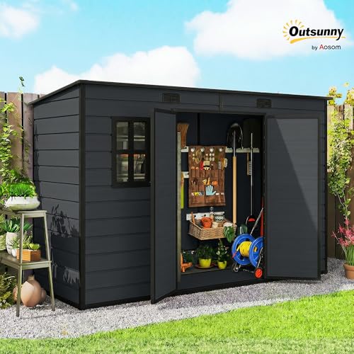 Outsunny 10 X 4 Ft Plastic Garden Shed, Outdoor Storage Shed With Floor, Double Windows, Lockable Doors And Vents, For Tools, Bike, Generator, Dark Grey - 2