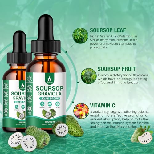 Hemyum Soursop Bitters Liquid - 7 in 1 Soursop Graviola Liquid Drop Leaf Extract 4 Fl Oz (120ml) with Organic Sea Moss for Cell Support & Regeneration, Liver Immune Boost Antioxidant (2 Pack)