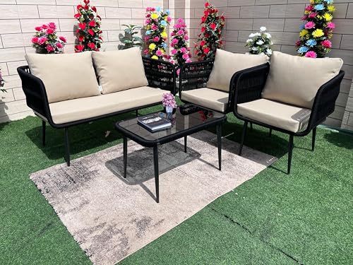 Image of LOCCUS 4-Piece Outdoor Indoor Rope Patio Furniture Set Conversation Garden Waterproof Weaving Rope Bistro Set for Balcony Lawn Garden Terrace (Beige and Black)