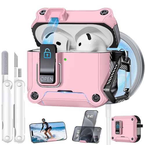 Image of Dual Safety Lock for AirPods 4 Case 2024, Compatible with MagSafe - Designed with Automatic Switch and Phone Stand, Includes a Cleaner & Keychain - Rugged Tough Hard Shell for Apple AirPods 4