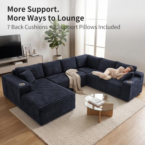 Image of 122 inch Oversized Cloud Sectional Couch for Living Room, 7 Seater U Shaped Sofa Modular Boneless Couch with Chaise | Deep Seater | Cup Holder | Side Pocket | No Assembly | Plus Corduroy, Dark Gray