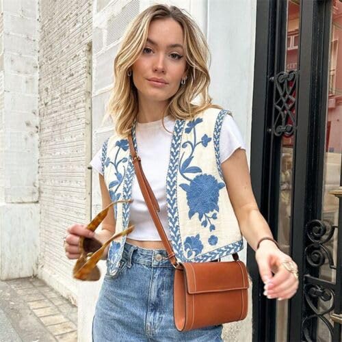 Hathne Women'S Floral Embroidered Vest Boho Vintage Sleeveless Open Front Cardigan Shirt Vests Waistcoat thumb #5