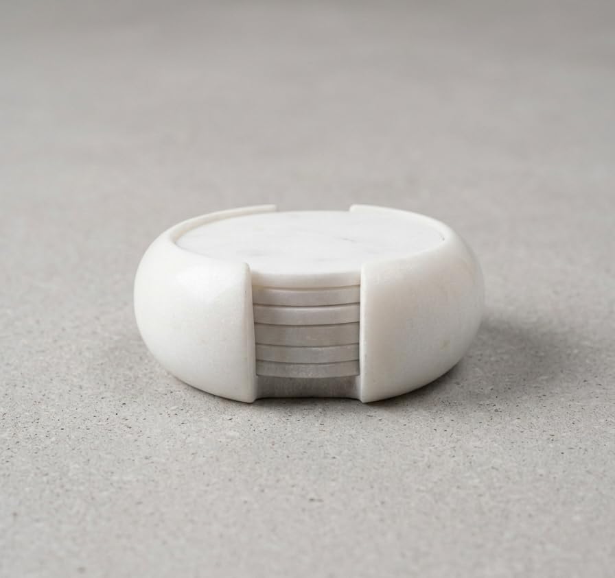 White Marble Coaster Set for Home Decor | Natural Stone Drink Coasters with Holder | Round Marble Table Coasters for Coffee Tea Glass Cups Dining Table Kitchen Office Decoration (Pack of 6)-image-26