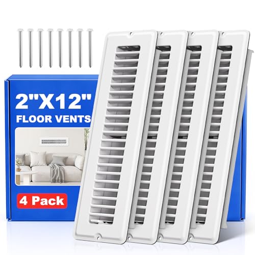 2x12 Floor Register White Vent Covers for Home Floor & Wall 4 Pack Floor Vents with Screws for Quick-Fit Heavy Duty Walkable Metal Face & Air Supply Lever for Quiet Adjustable Return Air Vent Cover