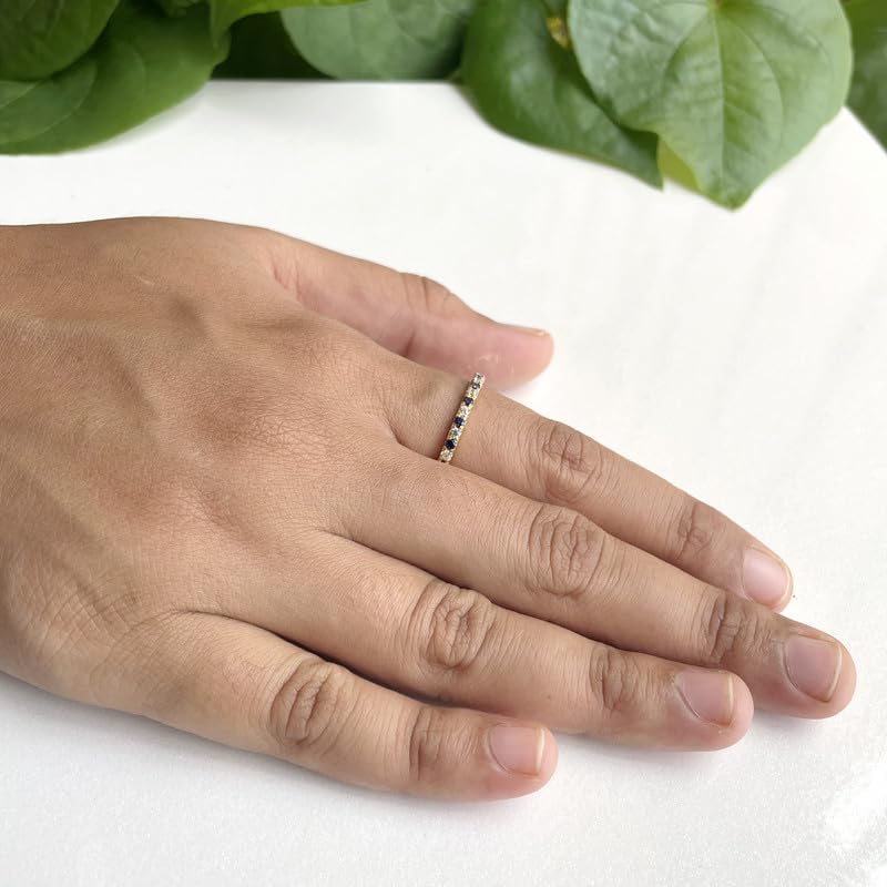 2 mm Sapphire & White Diamond Half Eternity Wedding Band For Women, 14k Gold Finish Blue Sapphire Wedding Band, Ladies Alternate Diamond Ring
