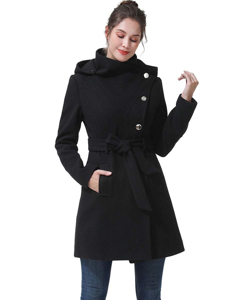BGSD Women Bel Wool Blend Hooded Belted Walking Trench Coat Also available in Plus Size and Petite