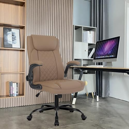 Image of Misolant Executive Desk Chair, Modern Office Chair, Ergonomic High Back Computer Chair, Brown PU Leather, Flip Up Armrest, Adjustable Height