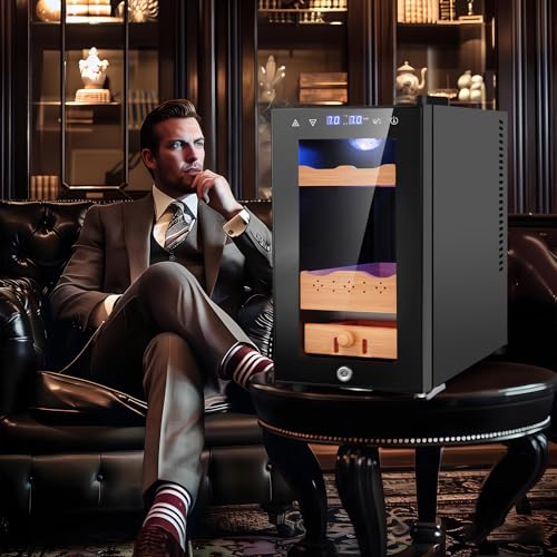 Image of 25L Electric Humidor,150 Counts Thermostatic Cooling Humidor Cabinet with Spanish Cedar Wood Shelves, Digital LED Screen, Safety Lock, Gifts for Men