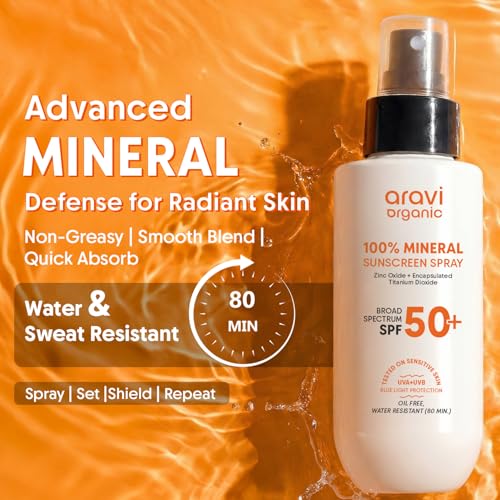 Image of Aravi Organic 100% Mineral Sunscreen Spray SPF 50 PA++++ | Broad Spectrum UVA /UVB & Blue Light Protection | Hydrating, Lightweight & Non-Greasy | No White Cast | Water Resistant | Zinc Oxide & Titanium Dioxide | Sunscreen For Oily & Dry Skin - 100ml