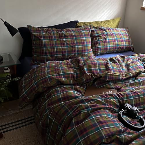 Image of EAVD Vintage Buffalo Plaid Duvet Cover Twin Soft 100% Washed Cotton 3-Piece Colorful Checkered Grid Bedding Set for Boys Girls Reversible Retro Gingham Comforter Cover with Zipper Closure