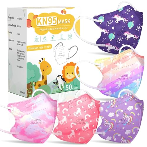 FENFEN Kids KN95 Face Mask Disposable - Kid Unicorn Children Small Size Age 4-12 5 Layer Protection Breathable Girls Kids Mask 50 Pack Individually Wrapped Mascaras Para Nios