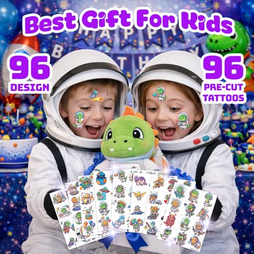 Image of 96 PCS Space & Dinosaur Temporary Tattoos for Kids | | Cosmic Galaxy Astronaut Fake Tattoos for Boys Girls | Fun Birthday Party Favors & School Rewards