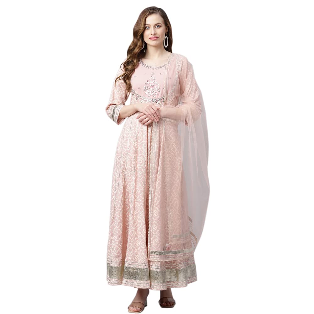 divena Light Pink Cotton Anarkali Gown Pant set with Net Dupatta-picture-29